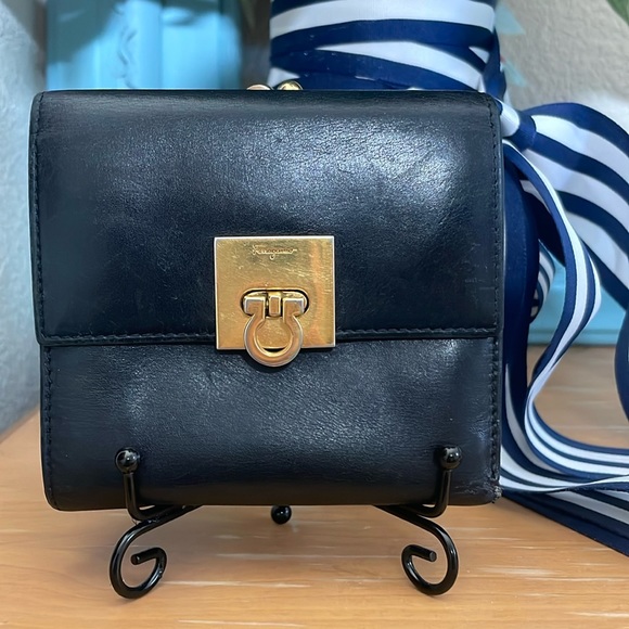 Salvatore Ferragamo Handbags - Salvatore Ferragamo Vintage Gancini Trifold Wallet Black Leather Made in Italy